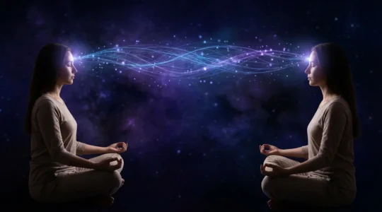 Two people in deep meditation with visible energy waves connecting their minds across distance