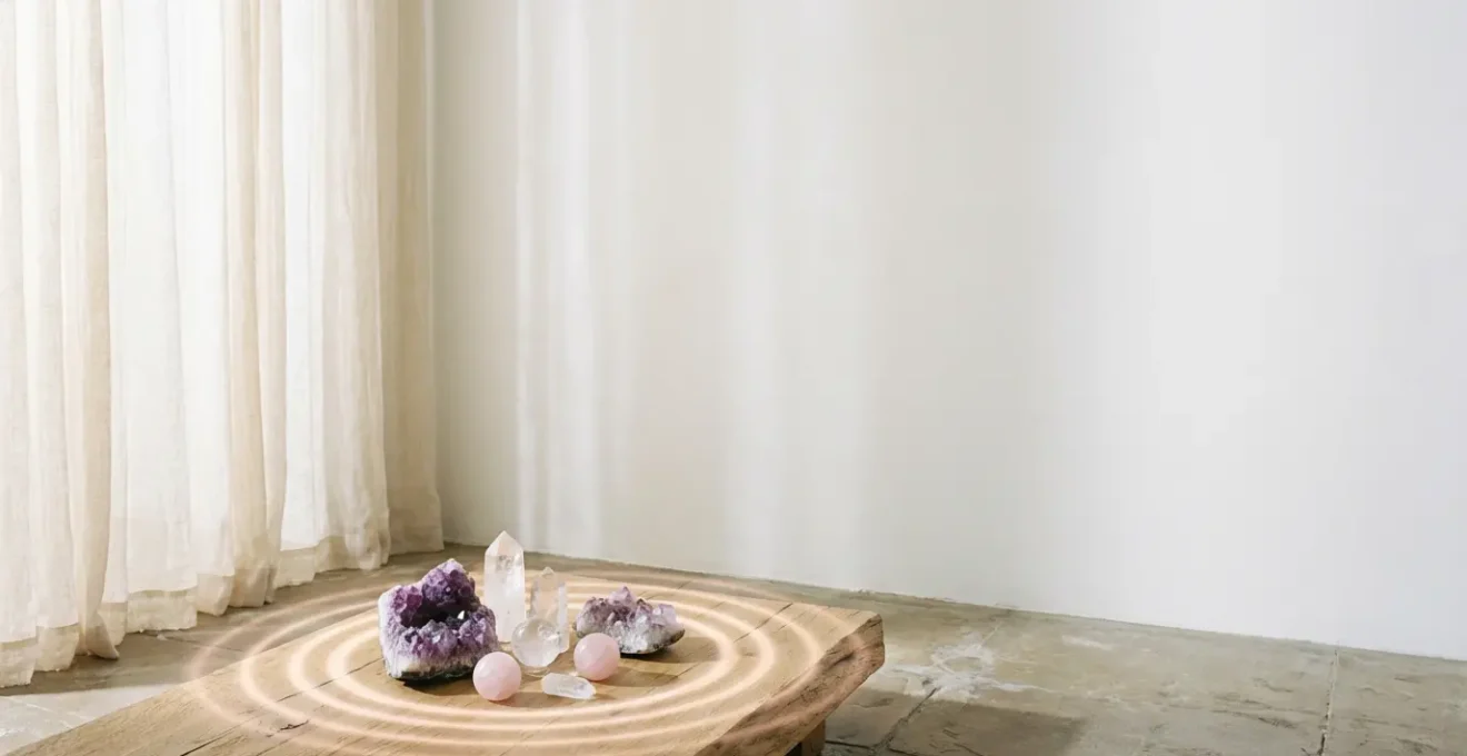 Crystal spheres and raw gemstones creating visible energy waves in a minimalist sacred space