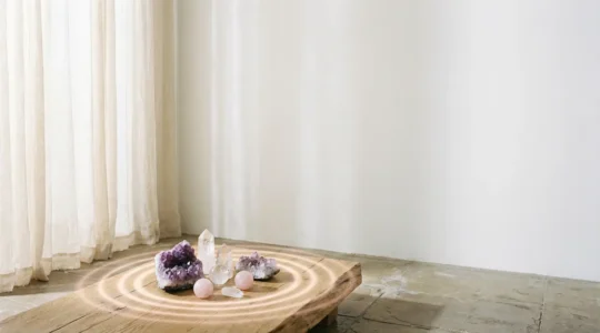 Crystal spheres and raw gemstones creating visible energy waves in a minimalist sacred space