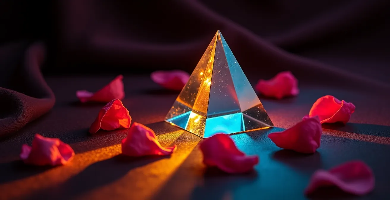 Abstract representation of Venus energy through colored light prisms showing a spectrum from bright to shadow tones.