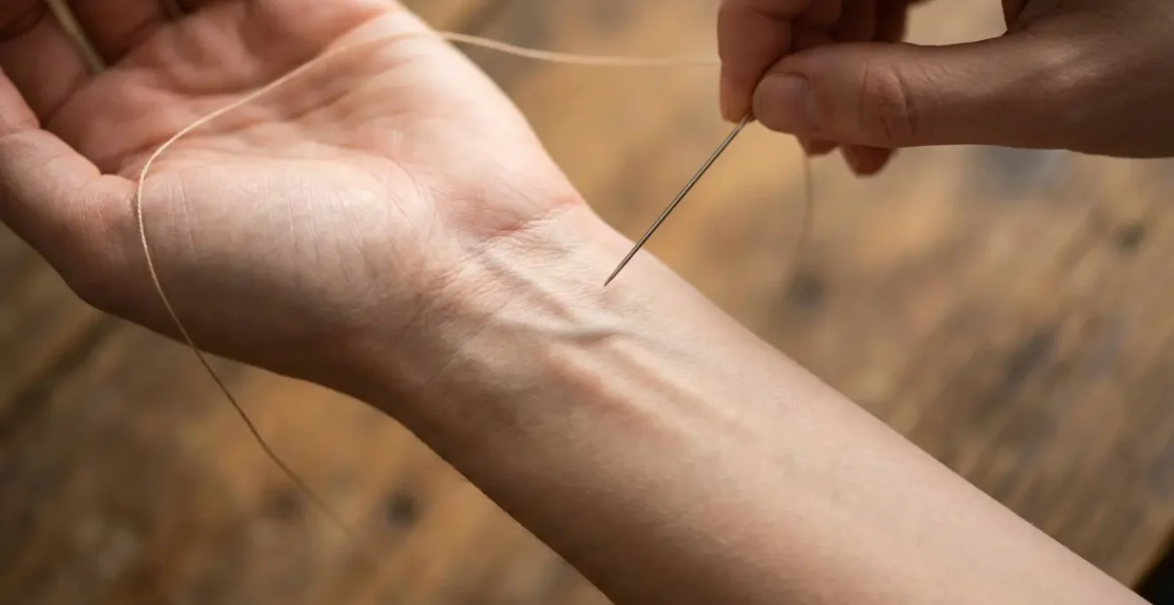 Close-up of needle and thread pendulum held over woman's wrist pulse point