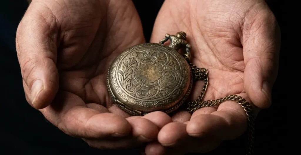 Hands holding an antique pocket watch with subtle energy visualization Hands holding an antique pocket watch with subtle energy visualization